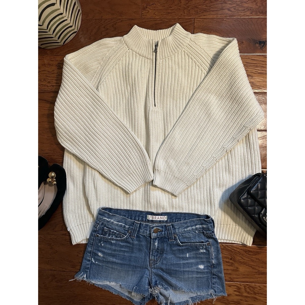 Lauren Ralph Lauren Sweater 2X Womens Chunky Knit 1/4 Zip Cream Cotton Unisex